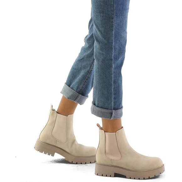 Women's Beige Chelsea Low Chunky Heel Slip On Lug Sole Elastic Ankle Booties - Picture 6 of 7